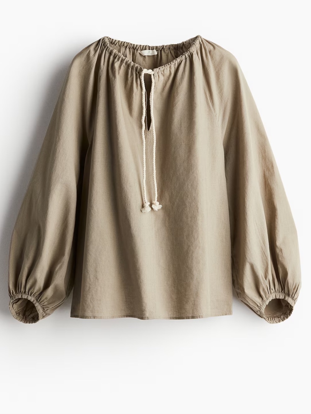H&M Linen Cotton Taupe Peasant Top with Tie Neck Medium Minimalist Boho